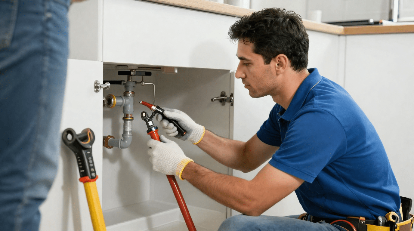 Local plumber expert with tools