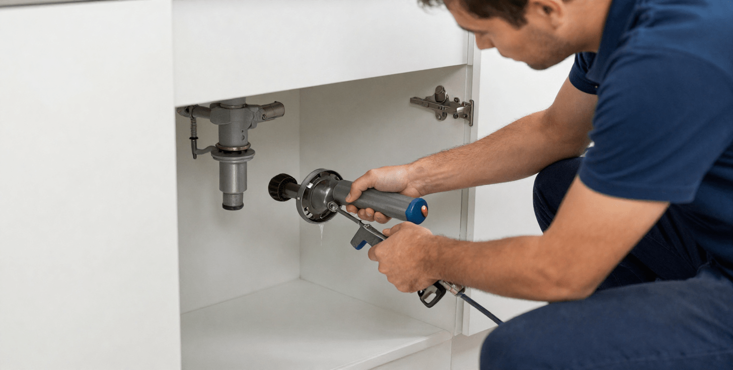 Plumber cleaning drain with equipment