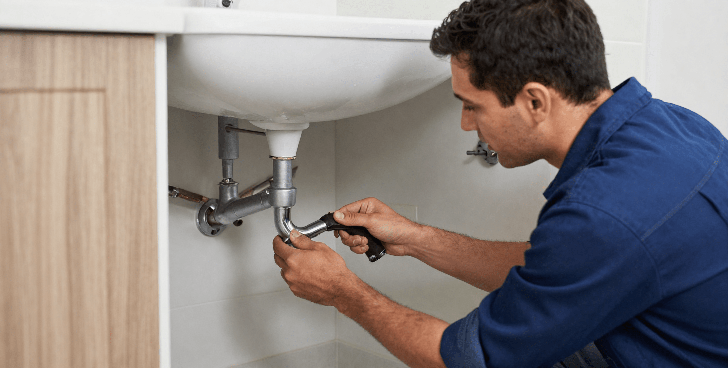 Plumber repairing sink plumbing