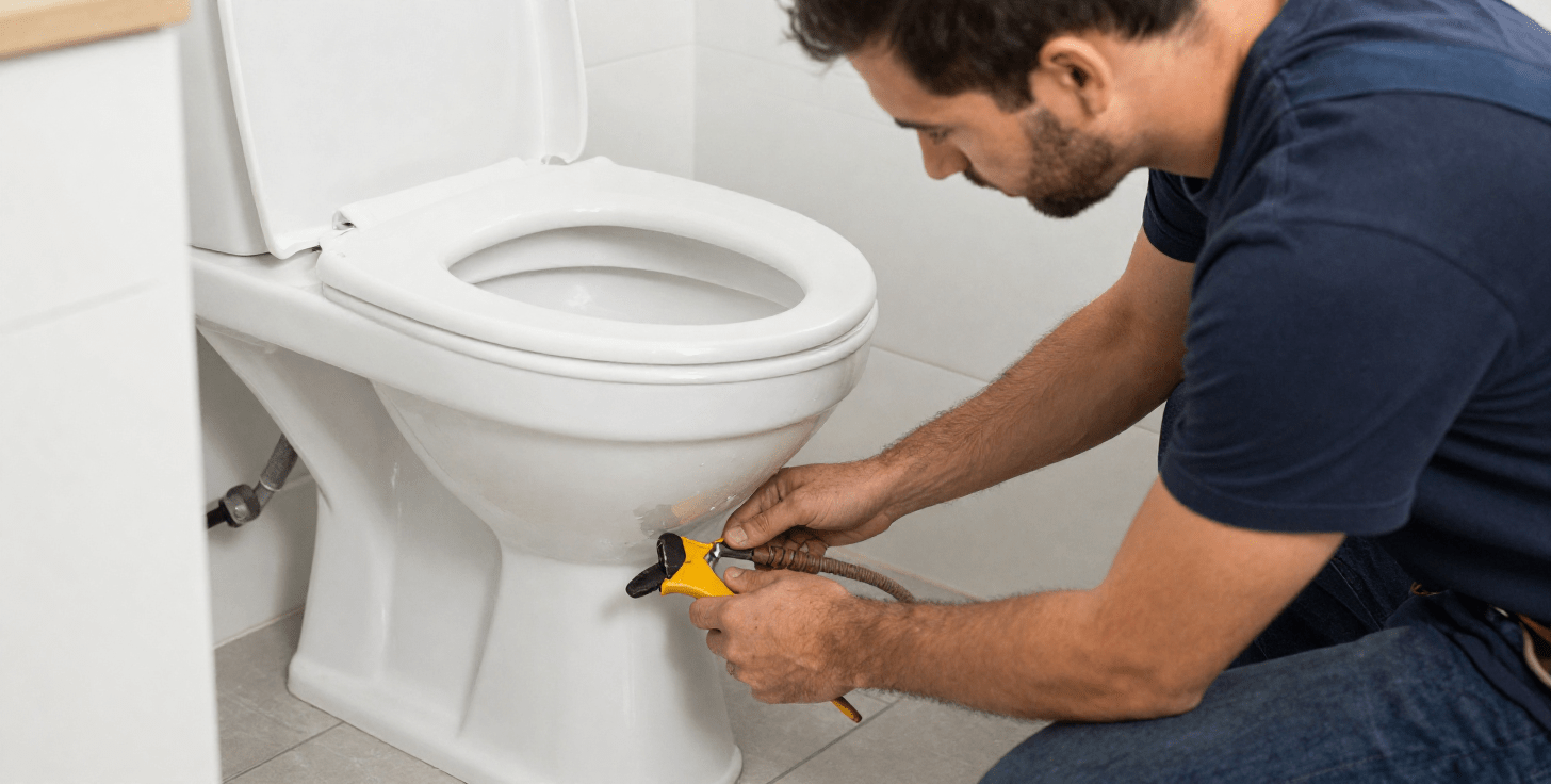 Plumber repairing toilet with tools