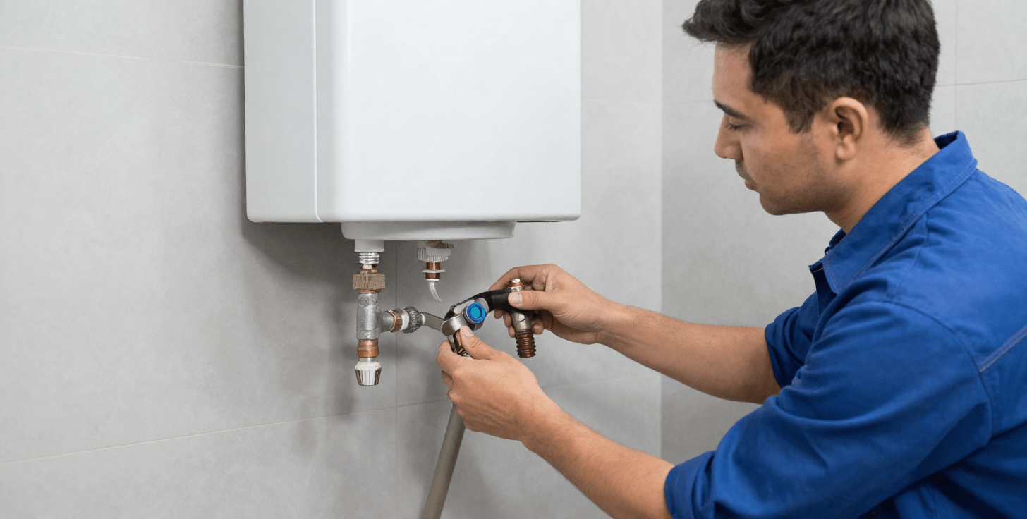 Plumber repairing water heater